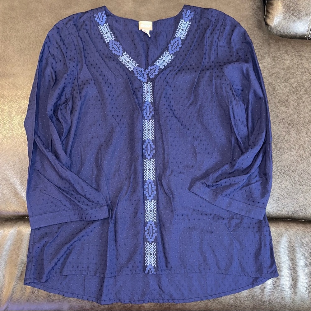 Chico's Blue Embellished Blouse with V-Neck Tunic